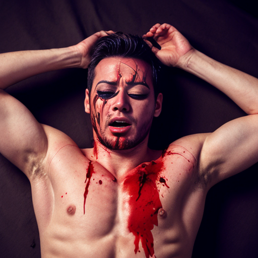 A shirtless man, face are hiding by shirt with cut on eye part, died, chest open wounded, blood everywhere, mouth are bleeding blood, eye closed.