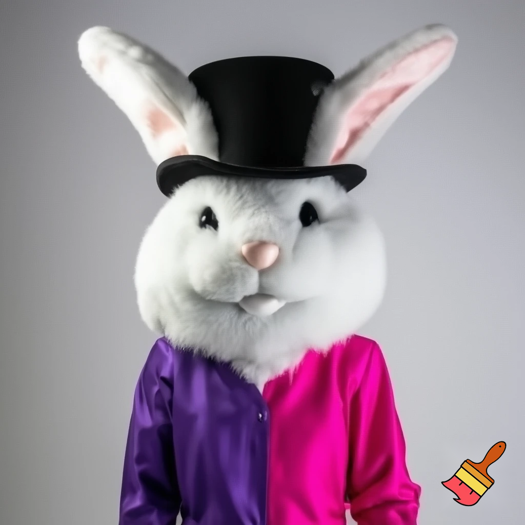 Easter bunny mascot costume top hat a colour face jacket purple and pink
