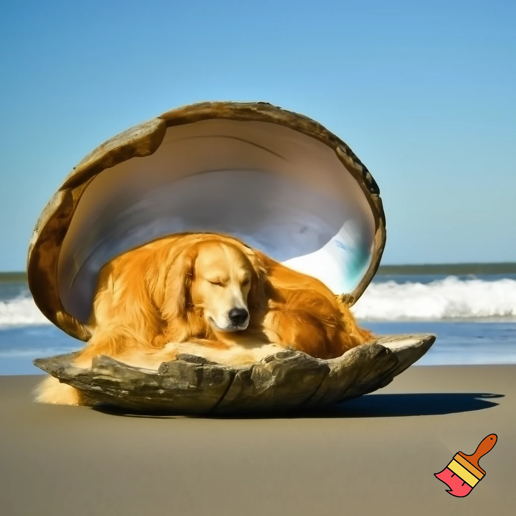 een grote mossel met een golden retriever erin die op het strand ligt