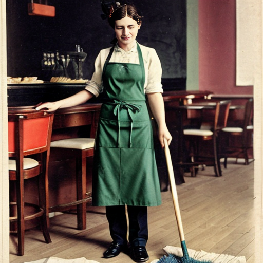Una cameriera vestita di verde che spazza a terra, con un grembiule ed un foulard intorno ai capelli. Stile 1900