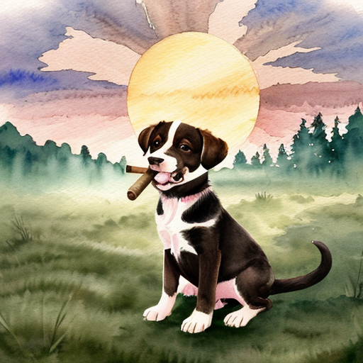 Roztomilé hnědé štěně drží v tlamě  lehce kouřící klacík, stojí proti zapadajícímu slunci, kolem louka a les. Kouř tvoří jemný obláček. Pohádková ilustrace, měkké světlo, dětský akvarel, hravá atmosféra.