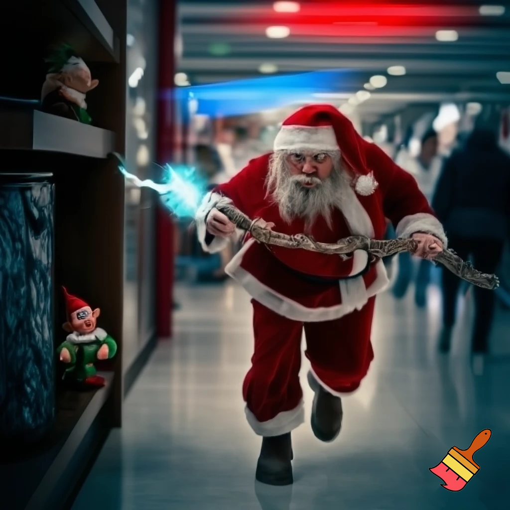 Santa Claus running with the walking stick running with his magic walking stick walking in the shopping centre with the walking stick magic staff walking stick affectation the police are on the way the police elf on the shelf