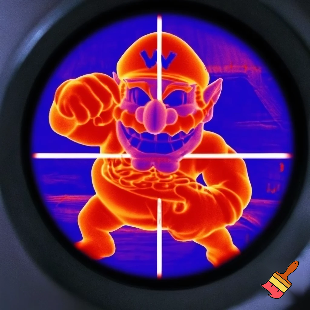 Wario on a thermal camera. Their is a crosshair