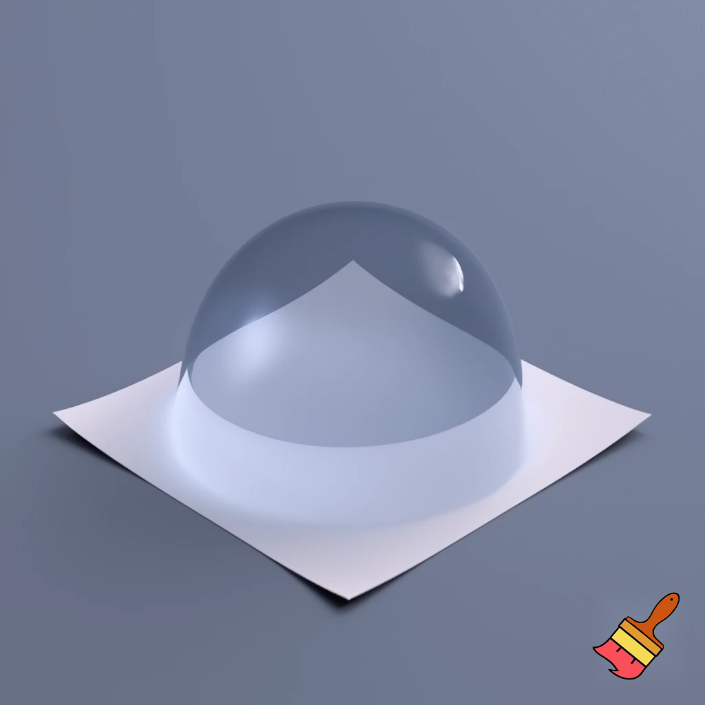 Imagine a flexible, gel-like bowl placed on top of a square piece of paper. The bowl’s material stretches and conforms perfectly to the square edges and corners of the paper, creating a smooth, dome-like shape. The bowl’s surface molds seamlessly to the square outline, resulting in a perfectly fitted, stretched, square shaped dome-like appearance.
