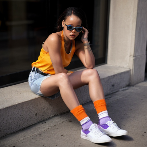 Rihanna orange tanktop belt blue short jeans purple socks orange and white sneakers on a sitting Cloud