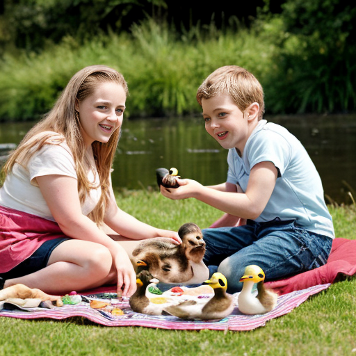Two grown-ups, one big girl, little twin brothers Danny and Suzy and big sister's pet five little ducks having a picnic.