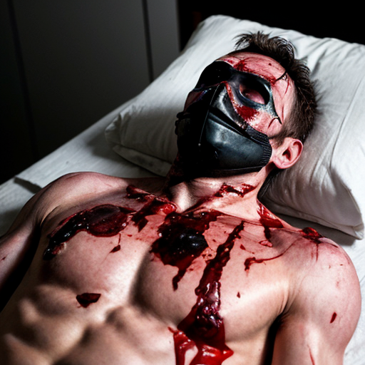 A corpse shirtless man, died, face are wearing mask, eye closed, chest fully opened wounded, blood everywhere.