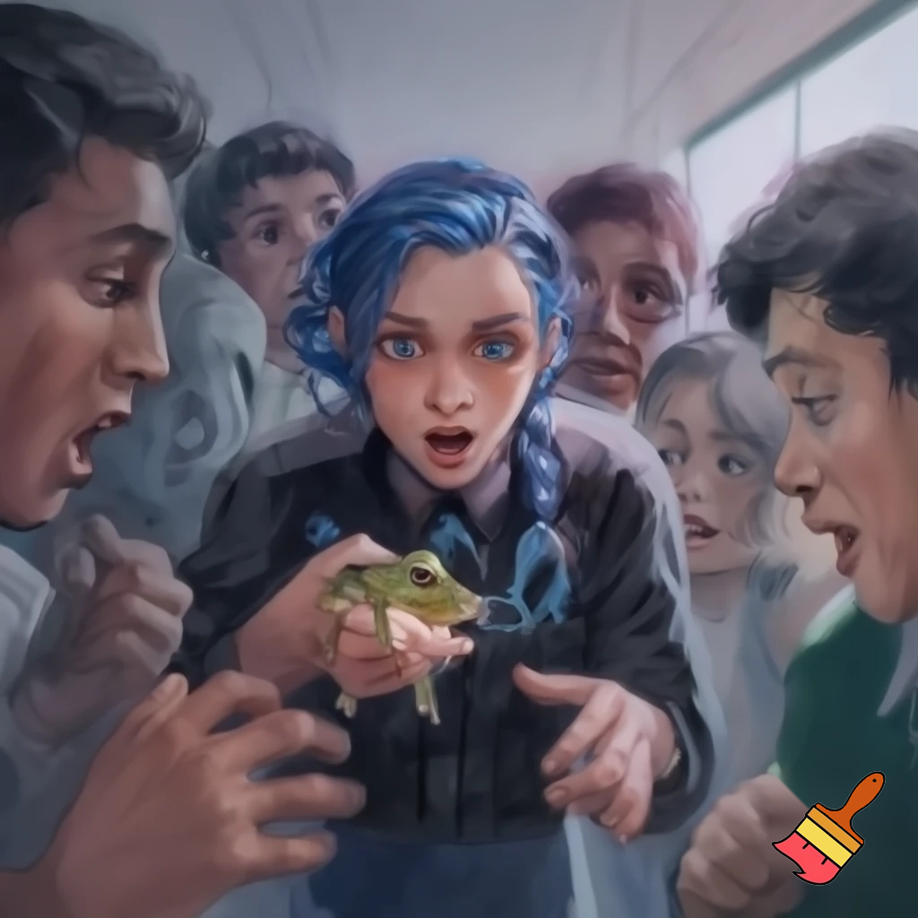 girl with blue braid and has a black jacket with blue eyes holding a frog all the people are looking at the frog scared at shcool the people opened there jaw