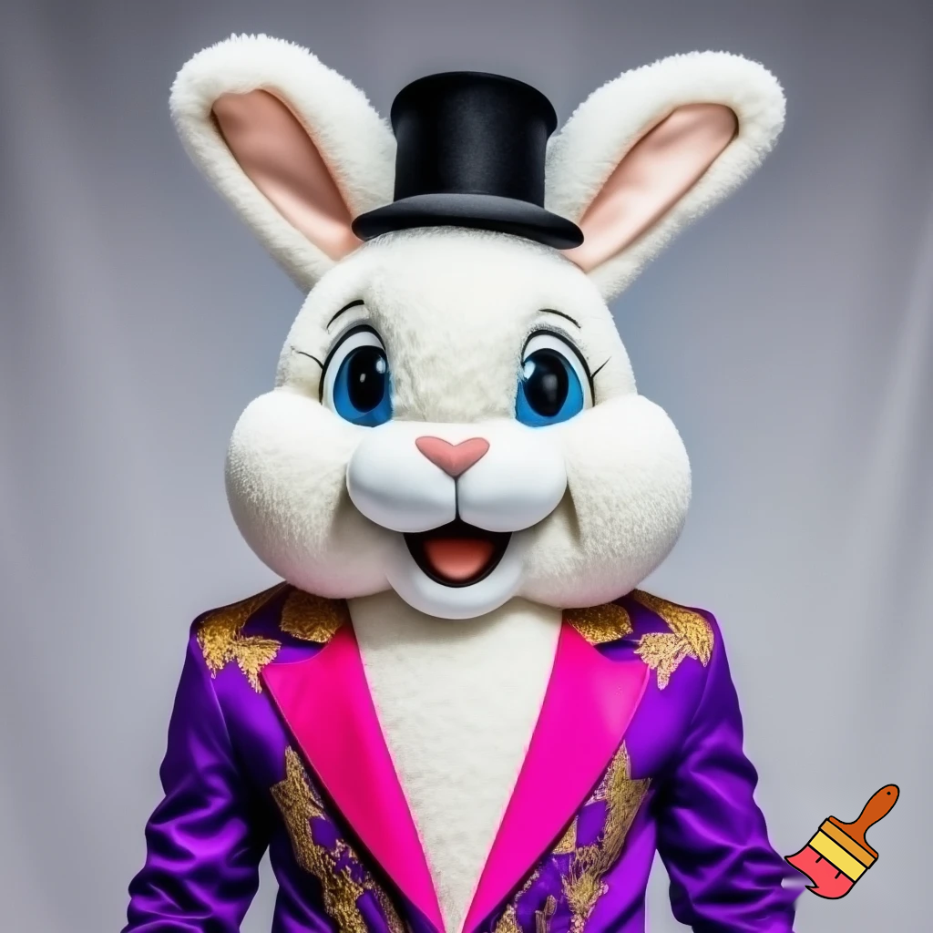 Easter bunny mascot costume top hat a colour face jacket purple and pink pink, purple and pink and gold purple and pink and gold