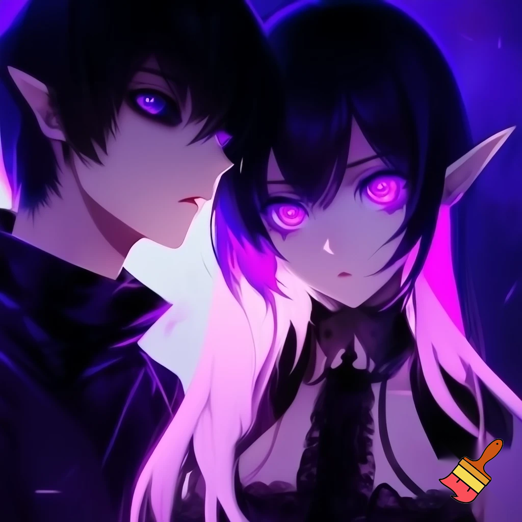 Anime boy, emo, black and purple streaks in hair, elf ears, glowing purple eyes, with a anime girl with pink long hair and goth outfit 