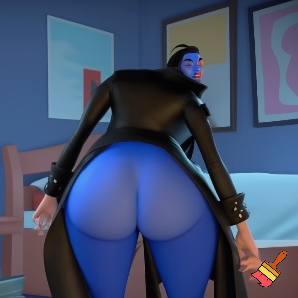 Sexy Zangoose wearing black leather coat, cleavage, blue skin tight pants, back view, bend over, sideboob, at bedroom, her hips jiggles, sweating, tongue out, bedroom eyes, cartoon style