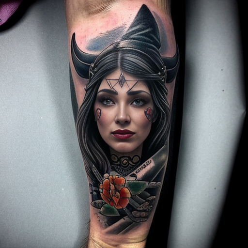 Völva viking witch colorful neo traditional tattoo