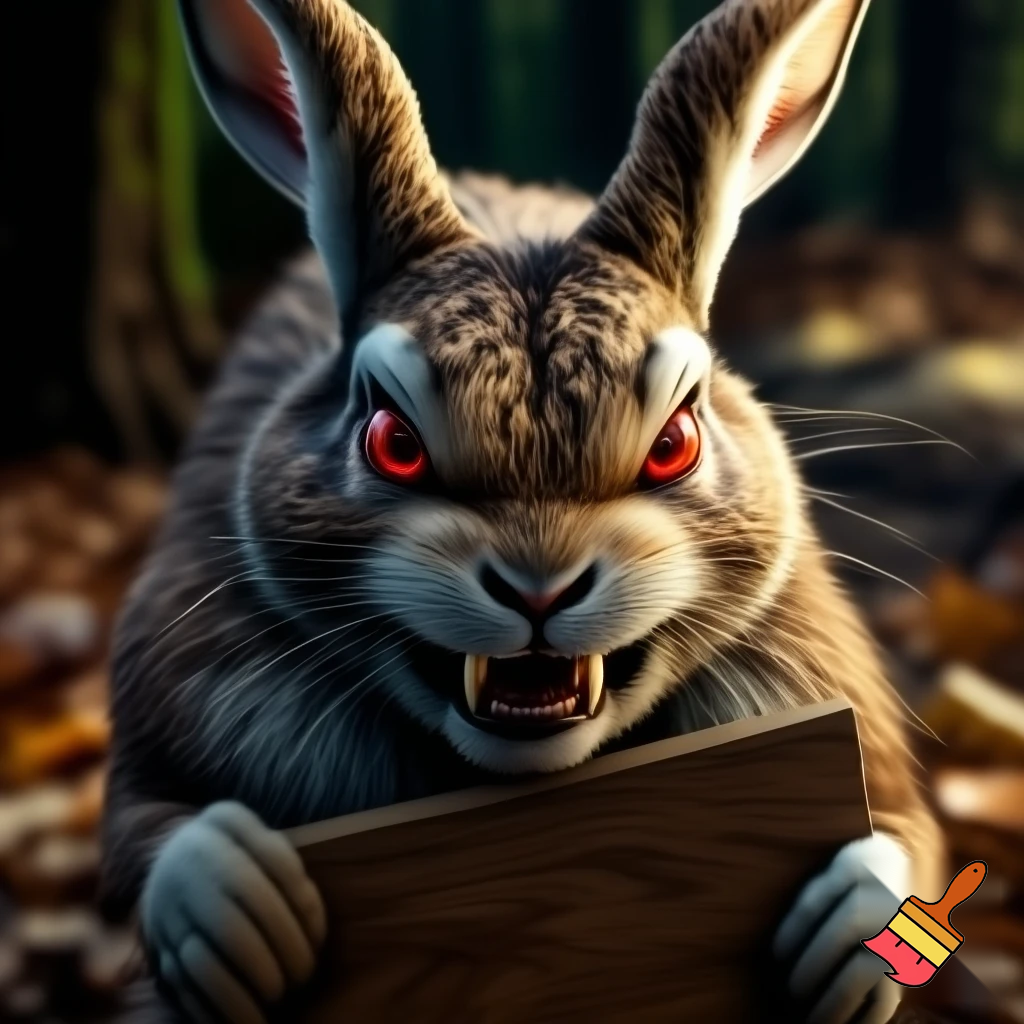 European rabbit red glaring eyes sharp teeth and fur holding a sign angry face firce