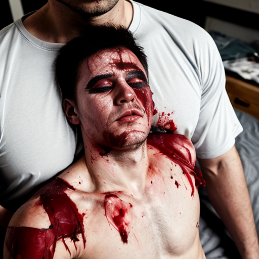 A shirtless man, face are hiding by shirt with cut on eye part, died, chest open wounded, blood everywhere, eye closed.