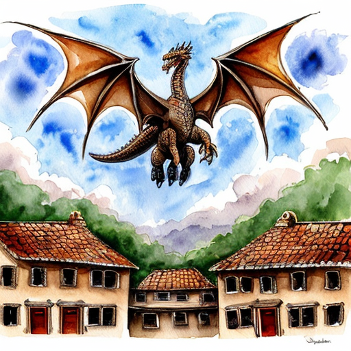Draw me a mythological dragon flying through the sky above a village, breathing fire on the houses