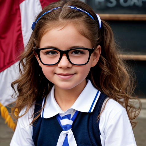 Cute adorable niña Chilindrina glasses con hair lazo curly Blonde con sailor uniforme escolar con zapatos negros escolar con calcetines blancos con Estados Unidos América bandera con desfile con ciudad 2
