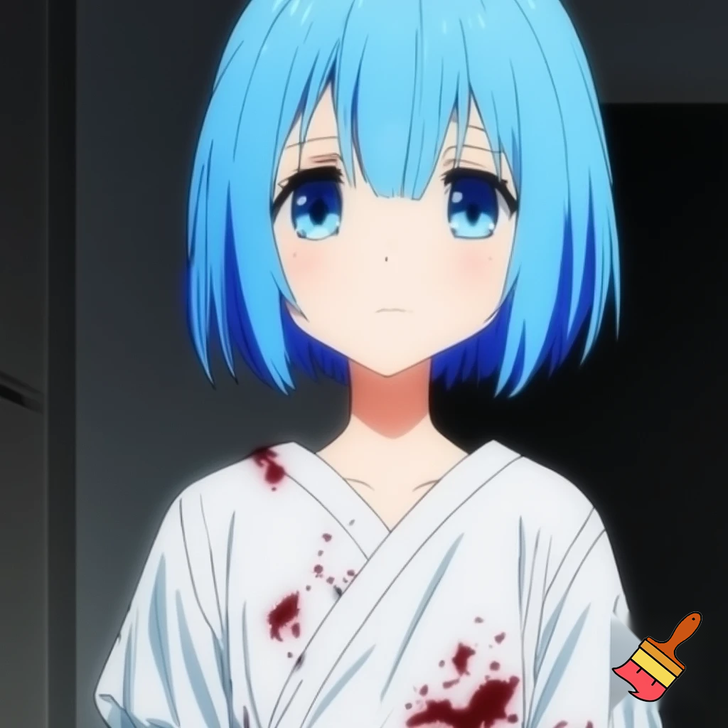 An innocent busty anime woman with short blue hair and blue eyes wearing a bloody hospital gown
