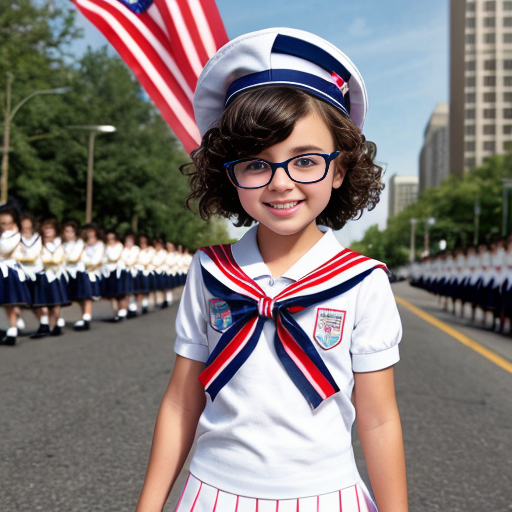 Cute adorable niña Chilindrina glasses con hair lazo curly con verano sailor uniforme escolar con zapatos negros escolar con calcetines blancos con sombrero sailor con grupal con caminar con desfile Estados Unidos América bandera con ciudad 30