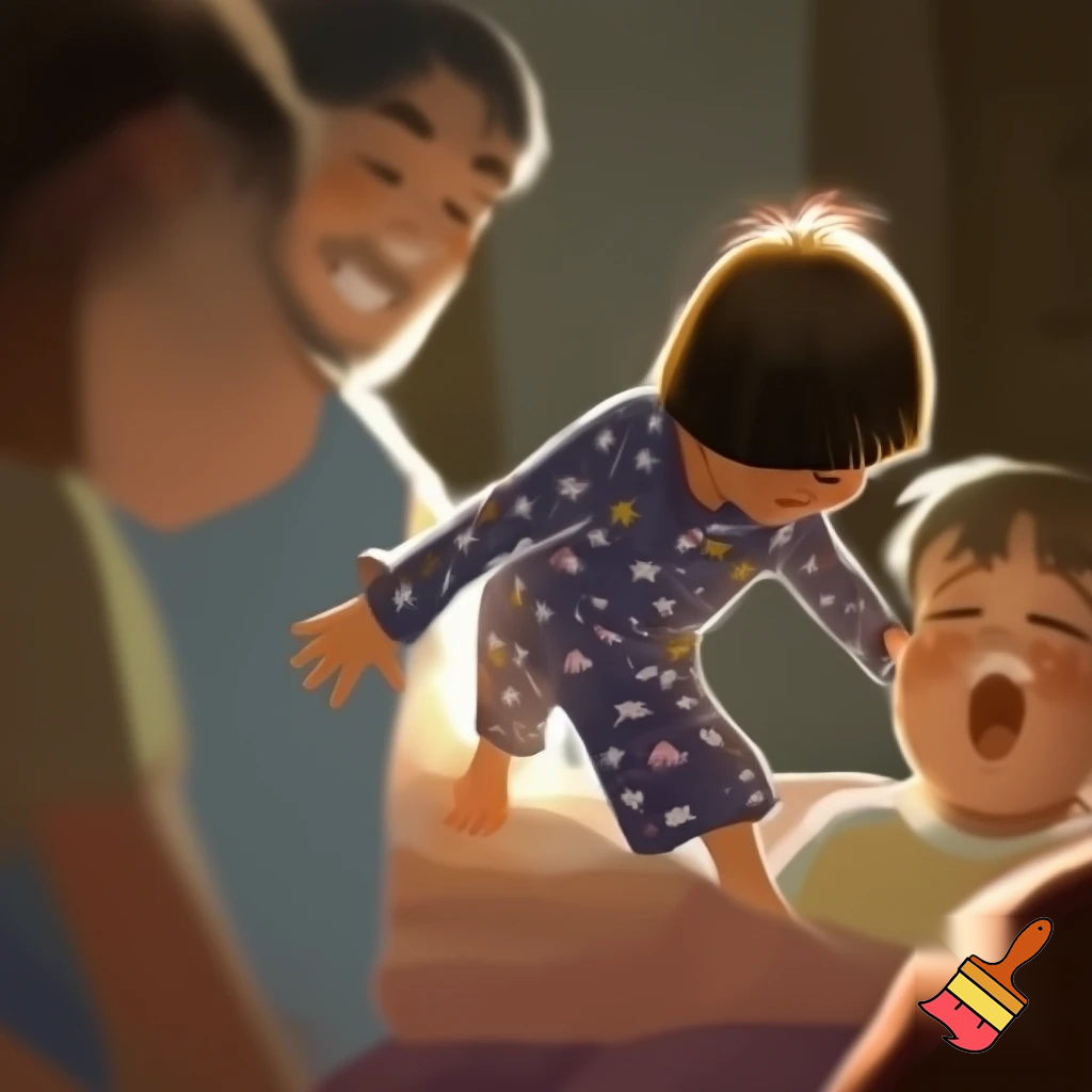 A family the brother has a bob cut two inches long and is wearing his pj

