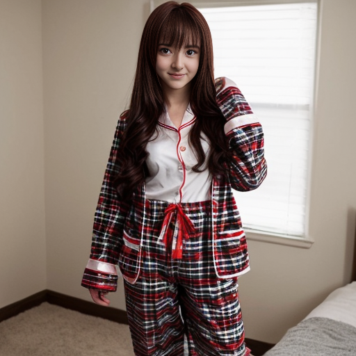 a anime girl with red plaid red pajama pants and white shirt standing up


