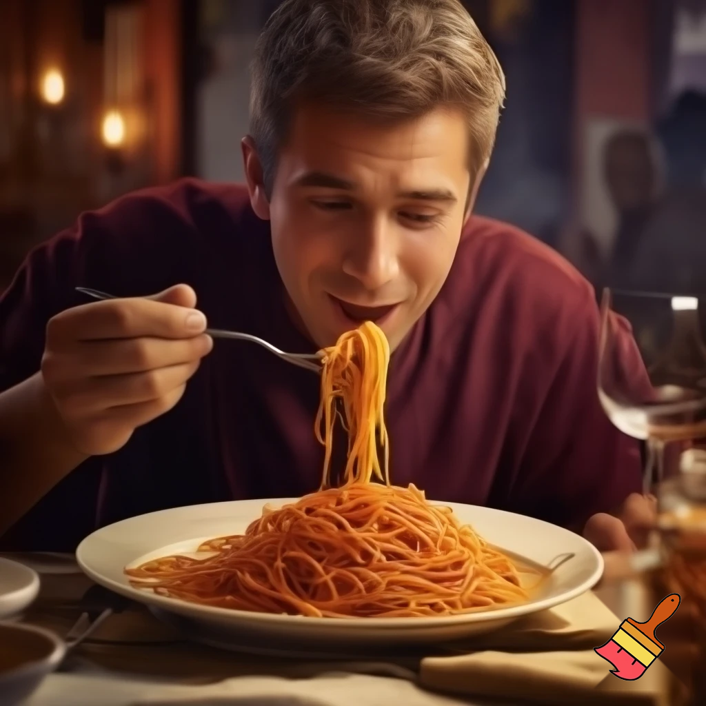 A man eating spaghetti 
