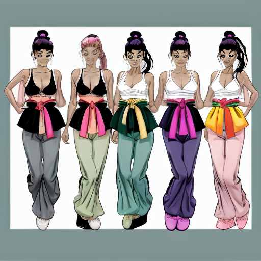 90's Disney style comic with dark blue background with six panel grids showing Panel 1 the black haired ponytail woman with ,dark purple skin ,purple and yellow spotted harem pants,and bra and purple sash and yellow vest and purple curved slippers. Panel 2 the black haired ponytail woman with white skin,black and white striped harem pants,black and white bra and black sash and black vest and white curved slippers. Panel 3 the black haired ponytail woman with blue skin, light and dark blue striped harem pants, light blue bra and dark blue sash and dark blue vest and light blue curved slippers . Panel 4 the black haired ponytail woman with green skin, light and dark green harem pants, light green bra and dark green sash and dark green vest and light green curved slippers. Panel 5 the black haired ponytail woman with dark pink skin, pink harem pants, pink bra and pink sash and pink vest and pink curved slippers. Panel 6 the black haired ponytail woman with orange and purple striped harem pants, purple bra and orange sash and orange vest and purple curved slippers and all are having their hand palms place together near their chest and swaying their hips