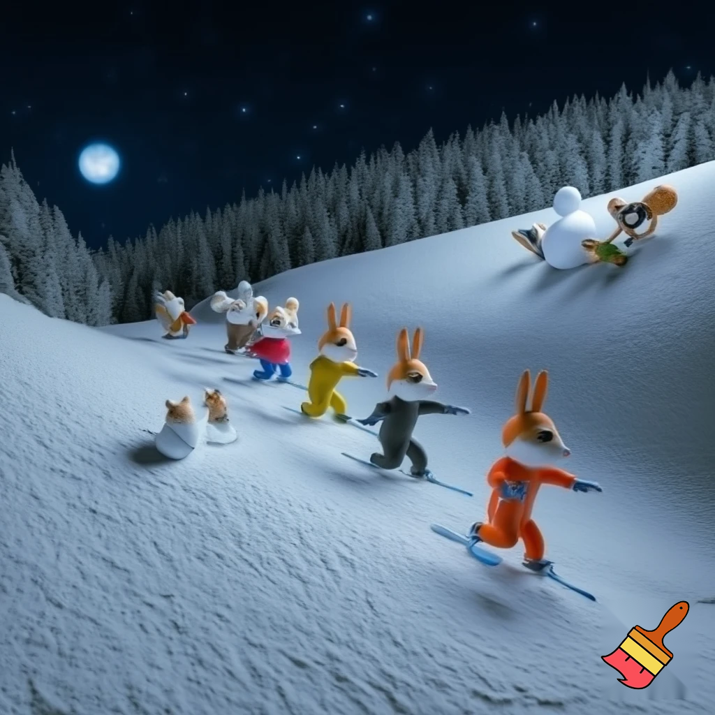 Drawing in old cartoons style. Every object is distinctive. Hares in ski suits are skiing on a snow-covered slope with dense forest on the edges. Next to them foxes in ski suits are skiing on a snow-covered slope with dense forest on the edges. Next to them bear cubs in winter clothes are making a snowman on a snow-covered slope with dense forest on the edges. Next to them squirells in winter clothes are playing with snowballs on a snow-covered slope with dense forest on the edges at dark night