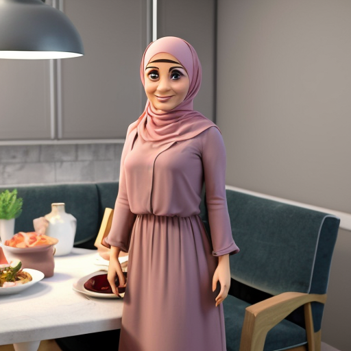 Pixar-style 3D cartoon, Muslim woman, 50 years old, fully covered, headscarf covering all hair, modest appearance, wide flowing pink dress, standing in a modern living/dining room, placing plates on the table, preparing food to eat, medium-class interior, neutral colors, simple furniture, cozy atmosphere, bright friendly lighting, simple cartoon style