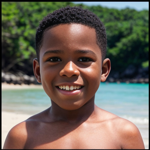 make a pic of black american son who seat on pog's island beach and put his name chriss on the pic.
