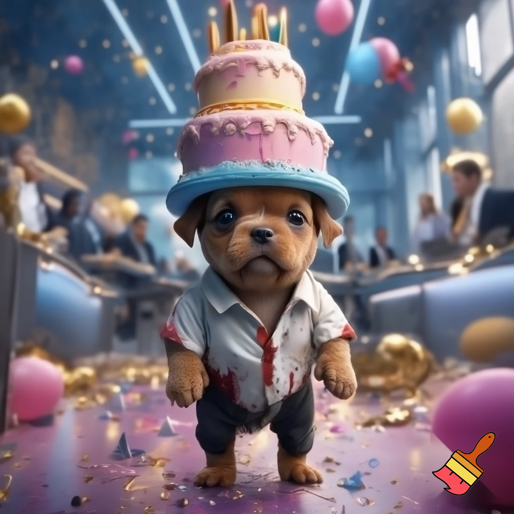 "A tiny, cute, small light-brown baby puppy standing inside a large luxurious modern office filled with many people. The puppy looks very shy. He is wearing a dirty and torn white shirt with red outline and a half-dirty black pant. The office is decorated for a birthday party — balloons, fairy lights, shiny golden décor. The puppy is carrying a huge triple-layer cake on his head, struggling to balance it. Cinematic soft lighting, realistic 3D style, emotional atmosphere, people in the background staring."