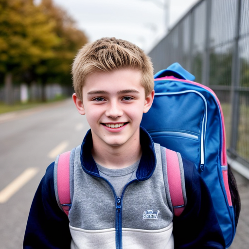 16 years old boy with blond hair, blue eys but a very small figure, he is not taller than a 4 years old boy. He is wearing a grey fleece jacket  with open zip and a blue tshirt, short jeans and a blue school backpack looking real. He is smiling and on the way home from school
