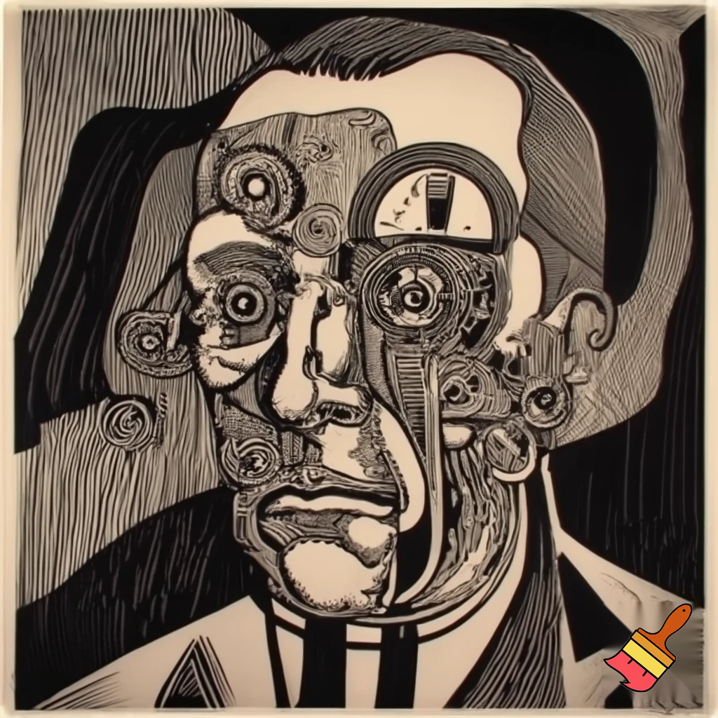 Bio-mechanical portrait, noise art. In the style of a 1920's German Expressionist woodcut print. Black & white.