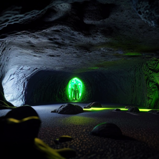 underground cavern inspired by Pikmin, organic tunnels, glowing roots on the ceiling, central water basin with a small rocky island, bioluminescent plants, soft blue and green light, natural alcoves in the walls, darker shadow zone in the back, fantasy cave map style
