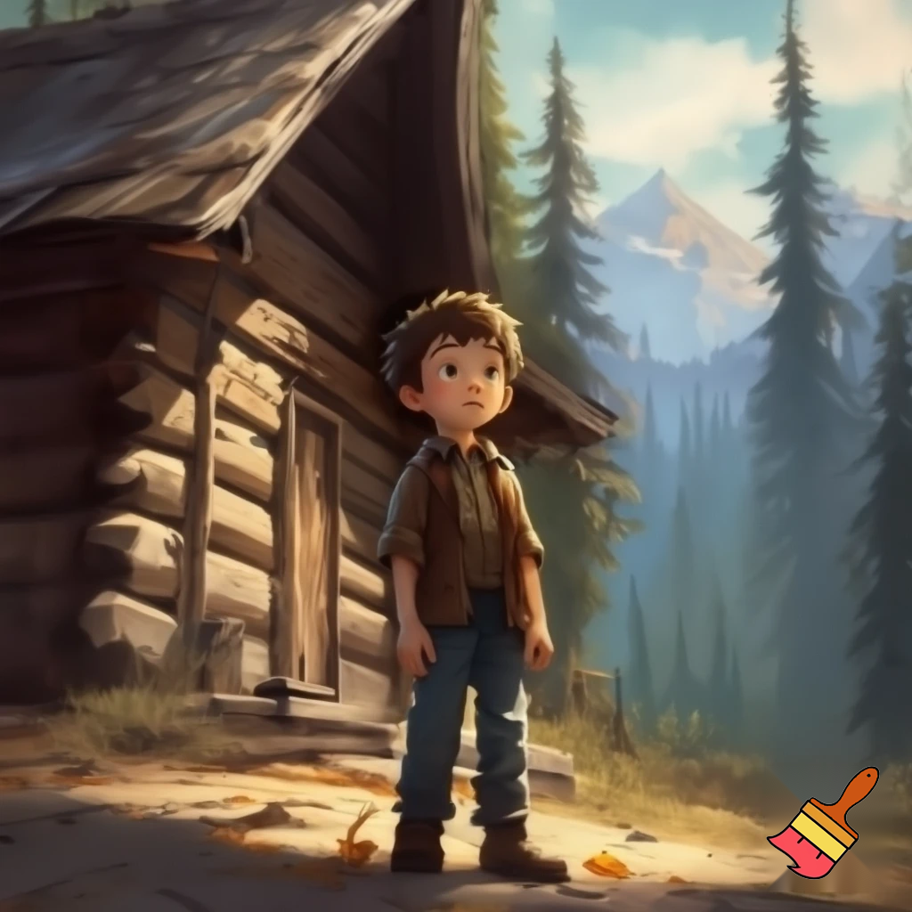 A kid that is in a front of a cabin and he is 11 years old 