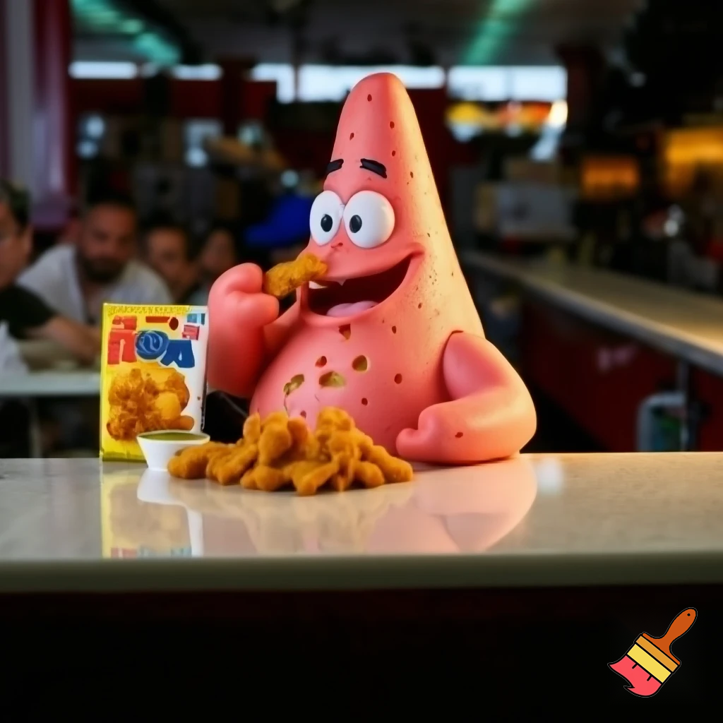 Patrick star eating chicken nuggets shaped as stars