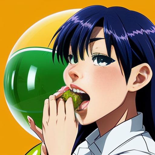 Actress Nia Long a long hair as a spherical shape inflated like a balloon a gigantic rounded chocolate ball body overinflated Her body is exaggeratedly rounded, forming a sphere, with no visible definition of limbs. she was being eaten and ripped by the giant human mouth of the mouth background giant white human face male mouth her body inside the giant mouth being eaten, biting and ripped and devoured by a giant human mouth background . The style is surreal and comedic, with a digital or graphic manipulation aesthetic. The lighting is even and diffused, casting no strong shadows. The image is presented from a slightly high-angle perspective, emphasizing the exaggerated spherical form