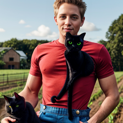 2d Milo the black cat the farmer red shirt and blue overalls and green boots
