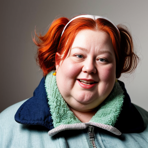 A fat lady that wears a green coat, has bulging ankles, dirty sneakers, loose fleshy cheeks, neck covered by fat, sparse red hair pinned back by a plastic barrette, tiny face features, and small blue eyes.