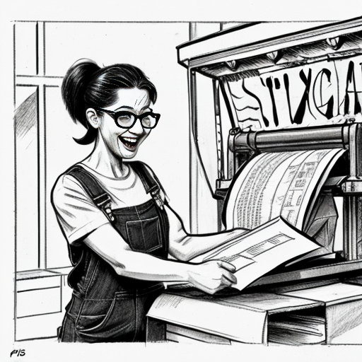 Humorous pencil sketch caricature of a female “star worker” in a printing press, keeping likeness to the photo, exaggerated cheerful smile, expressive eyes with glasses, short hair slightly wind-blown, a few earrings, she has 60 years old, wearing overalls with rolled-up legs and a simple t-shirt, dynamic triumphant pose holding a stack of paper, small ants in work helmets carrying paper, printing machines in the background with spinning rollers and floating sheets, comic-style expressive lines, light hatching and shading, playful and satirical, energetic and lively, not mean-spirited, caricature