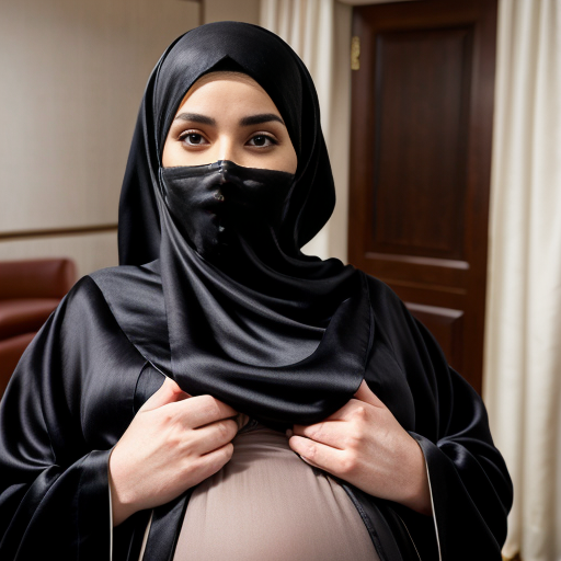 Inside a brown hotel room, heavily pregnant Trump and netanyahu kidnap are sitting together wearing black silk long heavy abaya, gloves, black silk hijab and a perfect silk nosepiece saudi niqab. 