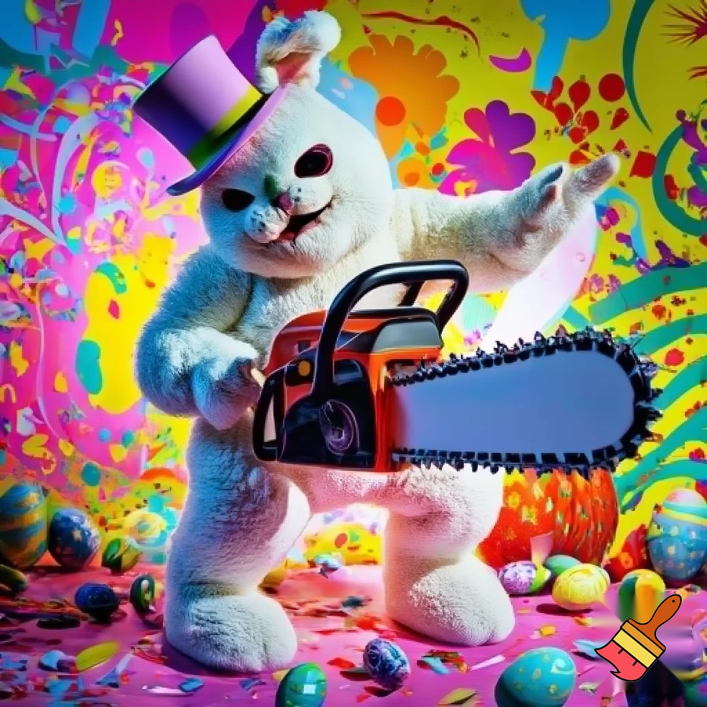 Easter bunny with the top hat Easter bunny mascot costume with a chainsaw a Easter bunny
