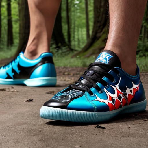 Make a shark with blue shoes on runing away into the woods fast
