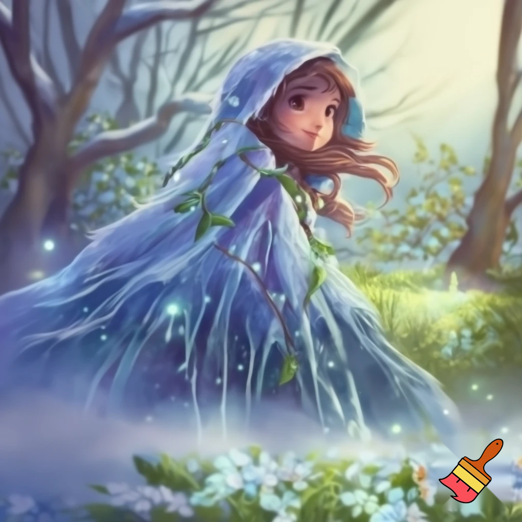 Девушка зима плавно растворяется и переходит в весну, природа фэнтези, сказочно, волшебно

