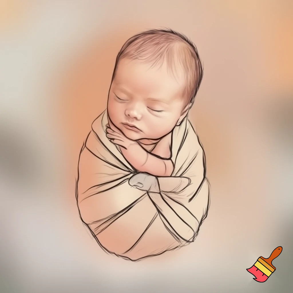 a simple hand‑drawn portrait of a newborn baby wrapped in cloth, soft lines, minimal background, warm muted colors
