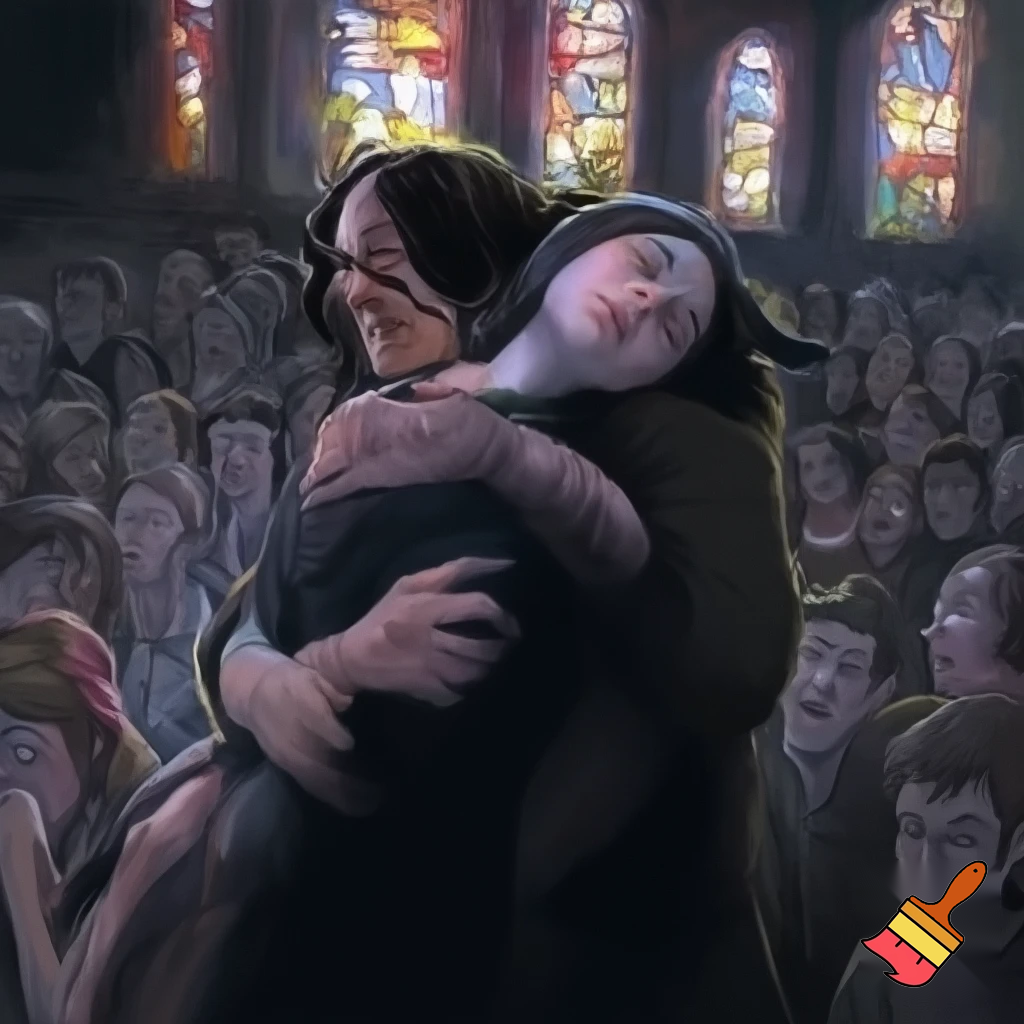 Create a girl that fainted in church and someone is carrying her while all the people look worried