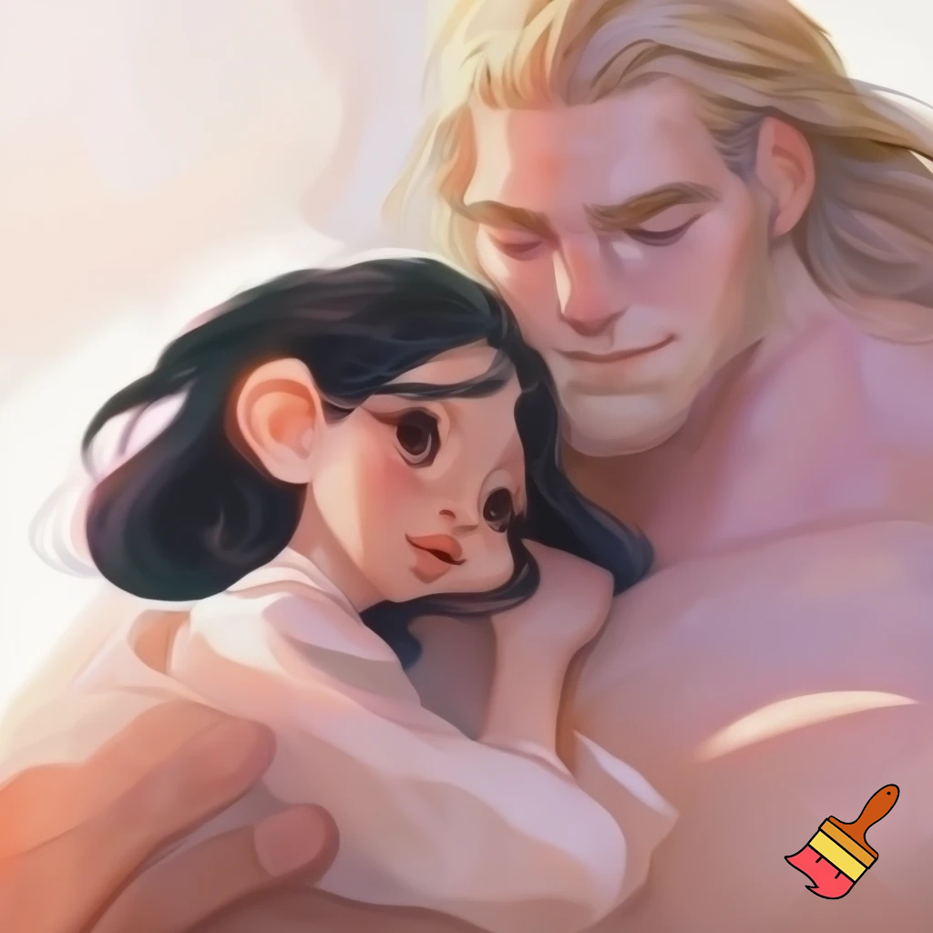 A happy couple, cute, small young woman of Asian descent, with pale skin, put emphasis her cuteness, beauty, femininity, neoteny and innocence , give her large cute neotenous eyes, give her black beautiful flowing hair, warmly hugged by a massive, handsome, heavily white, nordic, European built man with blond hair hair, who conveys intimidating strength but maintains a calm demeanor