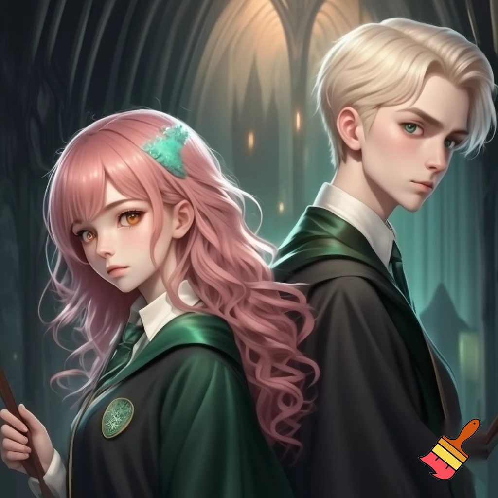 a anime girl, long pink hair, with a slytherin outfit. With Draco malfoy. Two people, hogwarts background. High quality and detail anime style 
