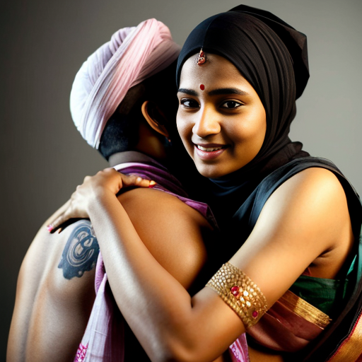 A Hindu Brahmin women in saree with slim muslim man wearing muslim cap Happy tight hug muslim black man 