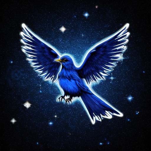 a magical spirit blue bird phoenix glowing and  transparent like smoke with a black starry night sky background