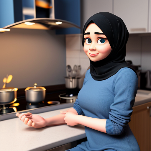 Мультяшный 3D стиль Pixar, упрощённые мультяшные черты, яркие дружелюбные цвета, уютная кухня. Мусульманская мама 35-40 лет, полностью покрыта голубым платьем, округлое мультяшное лицо, большие простые глаза, готовит на плите. Сын, 20 лет, синяя толстовка, чёрные джинсы, короткая мусульманская причёска, мультяшное лицо, большие выразительные глаза, сидит за столом. Постоянный персонаж, одинаковая одежда и причёска, повторяемый дизайн персонажа, кинематографическое освещение.